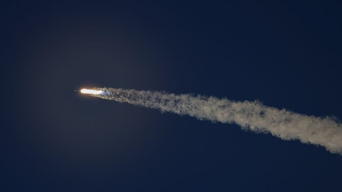 CAPE CANAVERAL SPACE FORCE STATION, FLORIDA - JUNE 08: A Spacex Flacon 9 rocket flies into space from Space Launch Complex 40 on June 08, 2026 in Cape Canaveral Space Force Station, Florida. The mission, known as Starlink 10-35, will deploy 29 Starlink satellites into orbit. Shares in Elon Musk's SpaceX are poised for a June 12th listing on Nasdaq, with a valuation of $135.