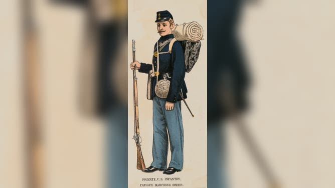 UNION SOLDIER - PRIVATE, U.S. INFANTRY. FATIGUE MARCHING ORDER COMPLETE WITH RIFLE, CANTEEN & PACK. UNDATED COLOR ILLUSTRATION, CIVIL WAR. COLOR SLIDE.