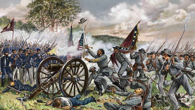 THE BATTLE OF GETTYSBURG. PICKET'S CHARGE ON CEMETARY HILL, JULY 3, 1863.UNDATED COLORED ENGRAVING.