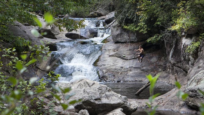 A popular swimming hole on the Cullasaja River Gorge in the Nantahala National Forest along US Highway 64 is also known as Quarry Falls. This section of road near Highlands is also known as the Mountain Waters Scenic Byway or Waterfall Byway.