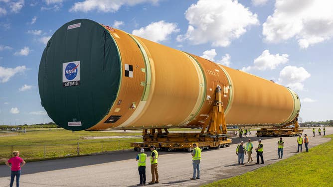 NASA’s top four-fifths of the SLS (Space Launch System) core stage for the Artemis III mission is offloaded from the agency’s Pegasus barge on Tuesday, April 28, 2026, after arriving at the Kennedy Space Center in Florida the prior day