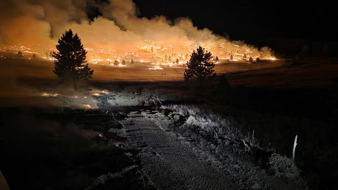 The South Fork Fire burning through trees in the distance in Nebraska.
