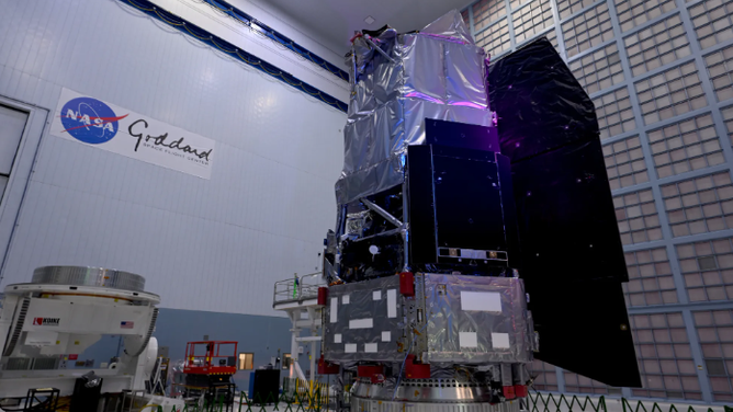NASA’s Nancy Grace Roman Space Telescope is photographed in the largest clean room at the agency’s Goddard Space Flight Center in Greenbelt, Md.