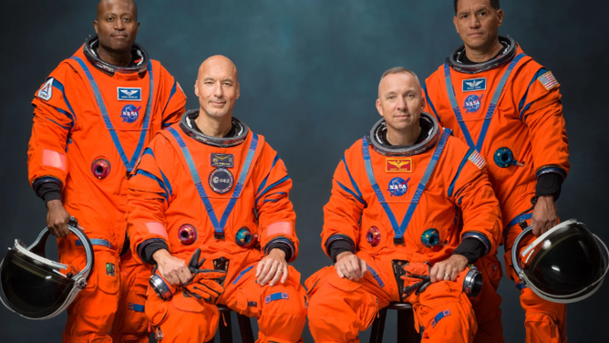 The Artemis III crew poses for an official portrait (from left: Andre Douglas, Luca Parmitano, Randy Bresnik, Frank Rubio).
