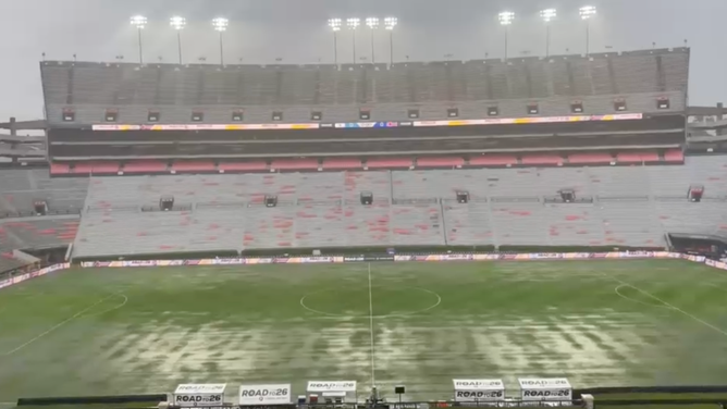 Heavy rain floods Jordan-Hare Stadium in Auburn Alabama Tuesday.