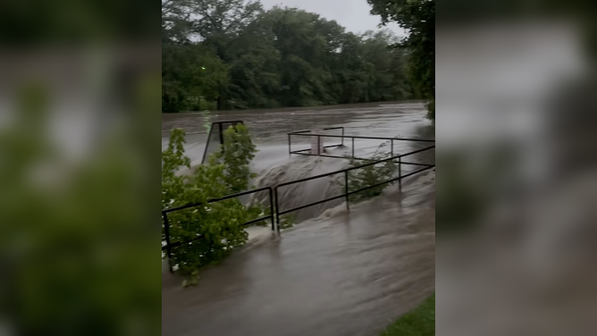Heavy rain swells waterways in Boerne, Texas, triggering severe flooding Monday.