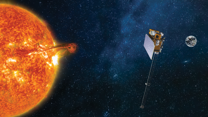 An artist rendering of NOAA's SOLAR-1 satellite (formerly SWFO-L1) in its final position in space orbit next to an image of the sun producing a coronal mass ejection. Earth is seen 1 million miles away in the far distance on the right of the image.