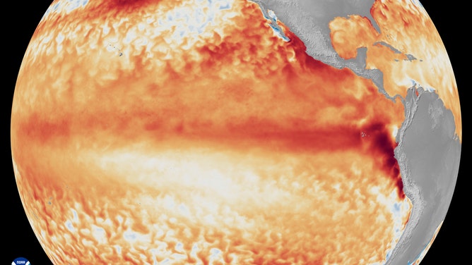 Satellite imagery showing the difference from average sea surface temperatures at the equator in the tropical Pacific Ocean (depicted using various shades of red and orange for warmth) during the first week of June 2026, as compared with the baseline used by NOAA’s Coral Reef Watch.