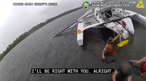 Video: 2 boaters rescued after catamaran crashes into piling, snaps mast near Florida bridge