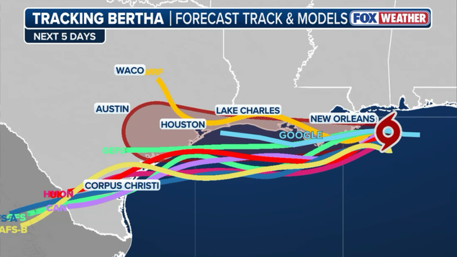 Different forecast models of Tropical Storm Bertha's potential track.