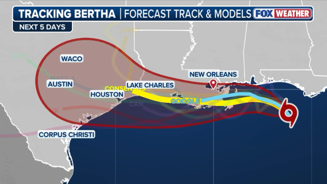 Different forecast models for Tropical Storm Bertha.