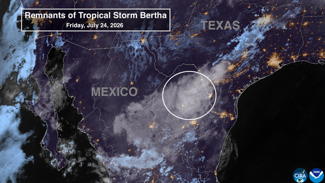 Satellite shows the remnants of Tropical Storm Bertha moving through Mexico.