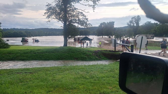 Flash Flood Emergency inundates homes in Lesterville, Missouri.