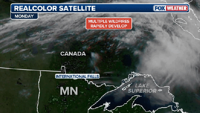 Multiple wildfires burn across western Ontario, Canada, on Monday, July 13, 2026, sending plumes of smoke visible on satellite.