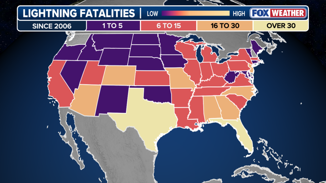 Lightning deaths in each state.