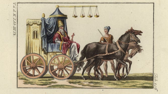 Three-horse chariot of the Byzantine Emperor Heraclius with canopy, candles, and curtains. Handcolored copperplate engraving from Robert von Spalart's 'Historical Picture of the Costumes of the Principal People of Antiquity and of the Middle Ages' (1798).