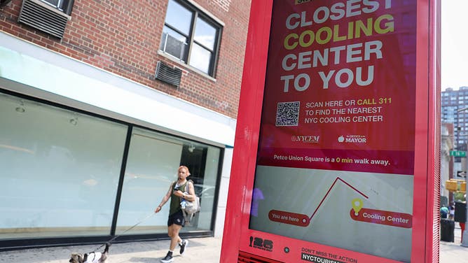 Cooling center signage on a LinkNYC kiosk during high temperatures in New York, US, on Thursday, July 2, 2026.