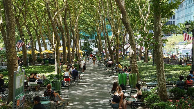 People cool off under trees during a heat wave in New York, the United States, on July 2, 2026.