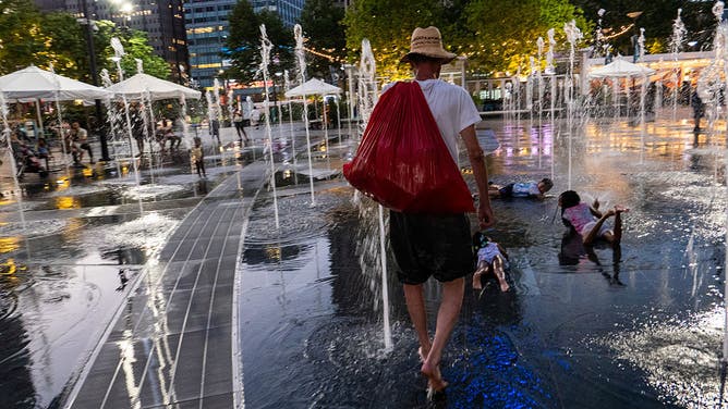 PHILADELPHIA, PENNSYLVANIA- JULY 02: A fountain offers relief from the heat on July 02, 2026, in Philadelphia, Pennsylvania.