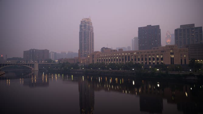 MINNEAPOLIS, MINNESOTA - JULY 15: A general view of downtown as dense smoke effects visibility on July 15, 2026 in Minneapolis, Minnesota.