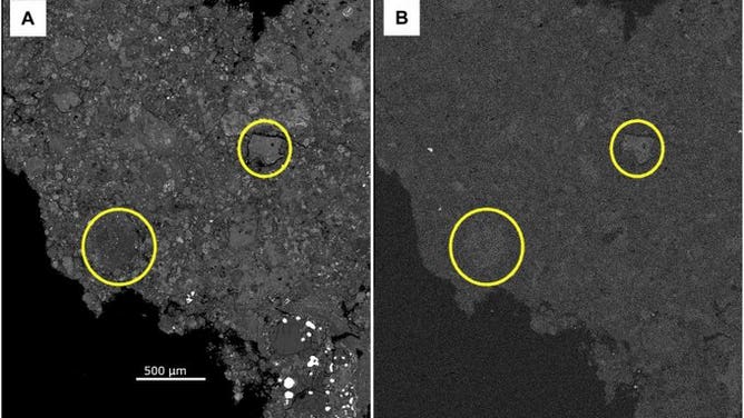 The image on the left captures a highly magnified view of ancient rock fragments embedded inside the meteorite, while the X-ray map on the right reveals the heavy sodium deposits left behind by ancient, salt-rich brines