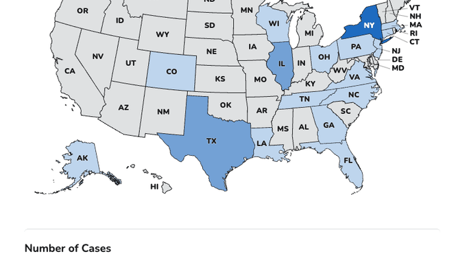 The map illustrates the 17 states reporting cases, along with the severity range of their respective outbreaks
