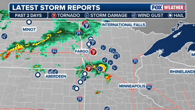 Storm reports over the past two days