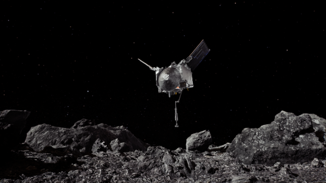 Artistic visualization of the OSIRIS-REx spacecraft collecting a sample.