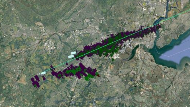 This image shows the projected path of the Hillsborough meteorite and its falling fragments