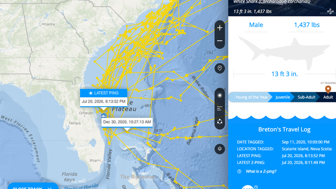 Breton's latest ping on July 20, 2026 off the eastern coast of Florida.