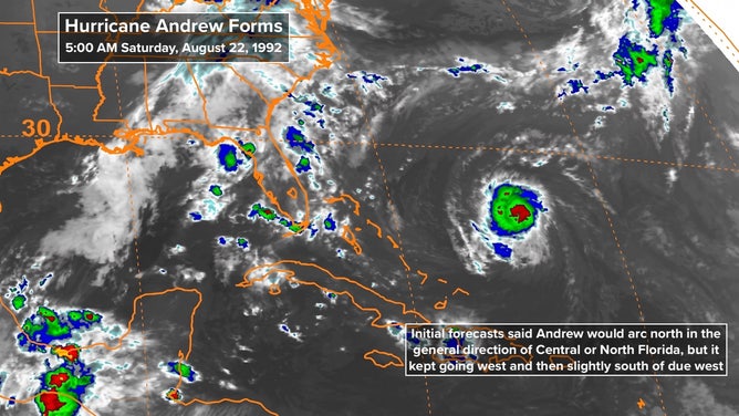 Satellite view shows when Hurricane Andrew formed in August 1992.