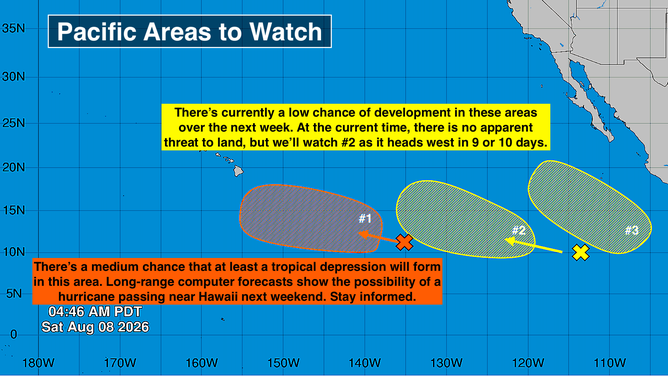 A very active Central and Eastern Pacific on Aug. 8, 2026.