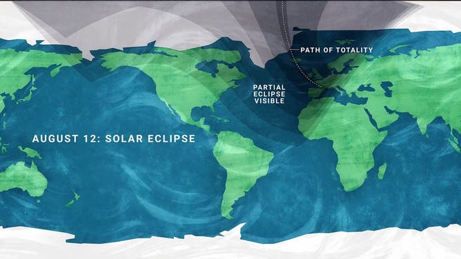 A map showing viewing areas of the August 2026 total solar eclipse.
