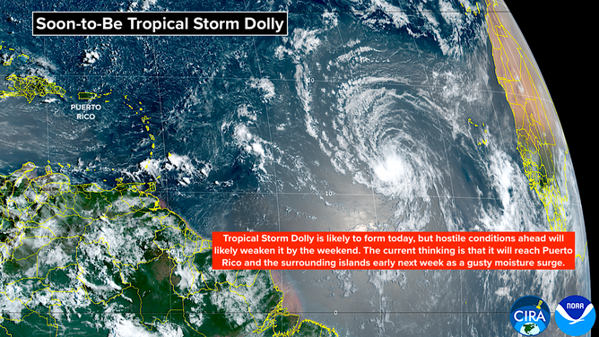 Satellite imagery of Invest 96L, likely to become Tropical Storm Dolly.