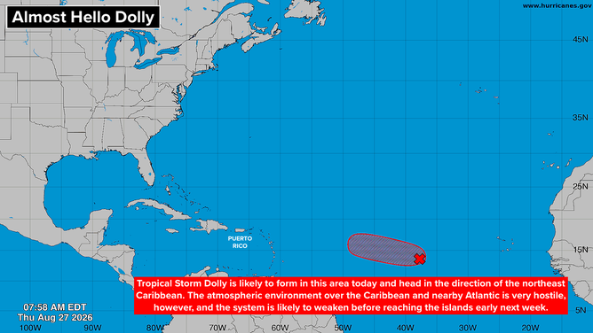 Overview of the Atlantic where Invest 96L is likely to become Tropical Storm Dolly.