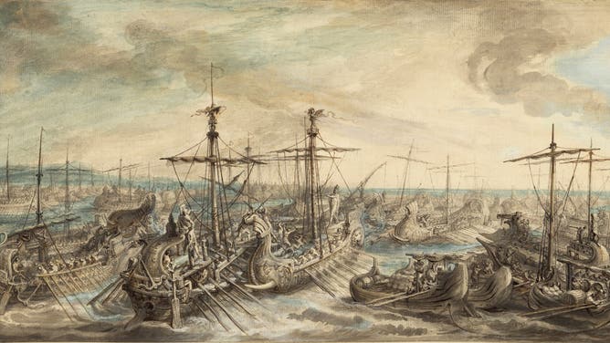 The Roman Fleet Victorious over the Carthaginians at the Battle of Cape Ecnomus. Gabriel Jacques de Saint-Aubin. French. 1724 - 1780. France. Europe. about 1763. Watercolor. gouache. pen and India and brown ink over black chalk. 21.5 x 39.6 cm (8 7/16 x 15 9/16 in.).
