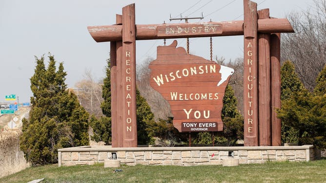 The Wisconsin Welcome Sign is seen in Pleasant Prairie, Wisconsin, on April 6, 2020