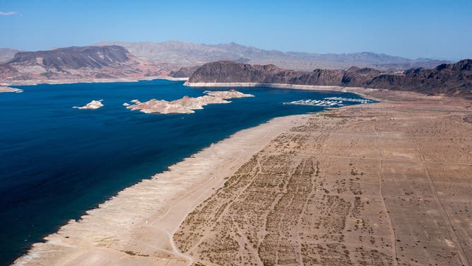 Lake Mead during low water levels in Boulder City, Nevada, U.S., on Thursday, Aug. 19, 2021. Federal officials ordered the first-ever water cuts on the Colorado River system that sustains 40 million people, the latest blow from a decades-long drought across the U.S. West that has shrunk reservoirs to historic lows, devastated farms and set the stage for deadly forest fires.