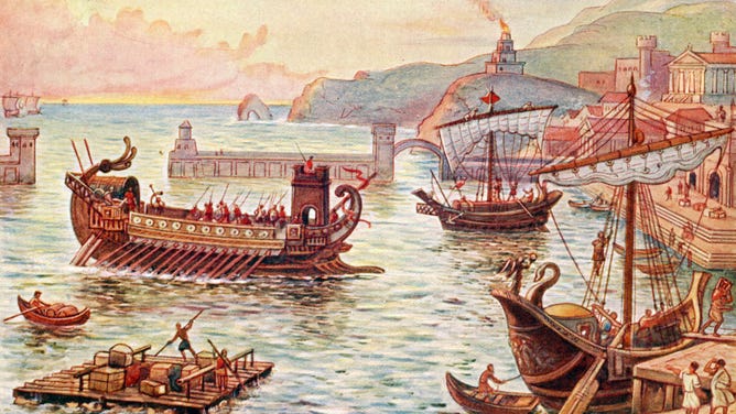 The Roman Empire - ships at a port Ship. Sail. Sails. Boat. Boats. Oar. Oars. Raft. Rafts. Naval fleet. Illustration by J Williamson.