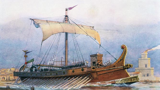 UNSPECIFIED - CIRCA 2003: Roman imperial era ship leaving the arsenal, watercolour by Albert Sebille (1874-1953). Paris, Bibliothèque Des Arts Decoratifs (Library)