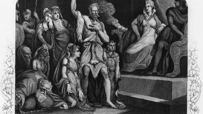 Caractacus, King of the Britons, with members of his family in chains addressing Roman Emperor Claudius, circa 50 AD.