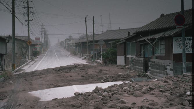 A lahar from Unzen Volcano tore through this street in Shimabara, destroying cars and homes in the process.