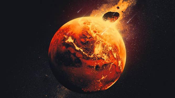 An artist's depiction of giant impacts that occurred on Mars 4.5 billion years ago.