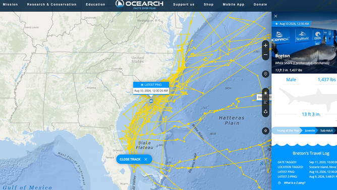 Breton's location on Aug. 10, 2026, off the coast of South Carolina.