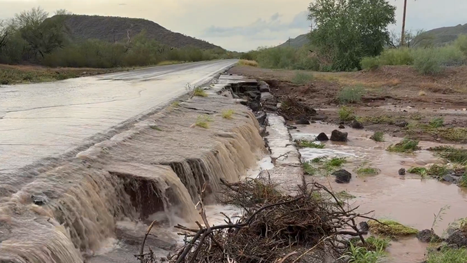 Road flooding in Sells, Arizona, on Aug. 10, 2026.