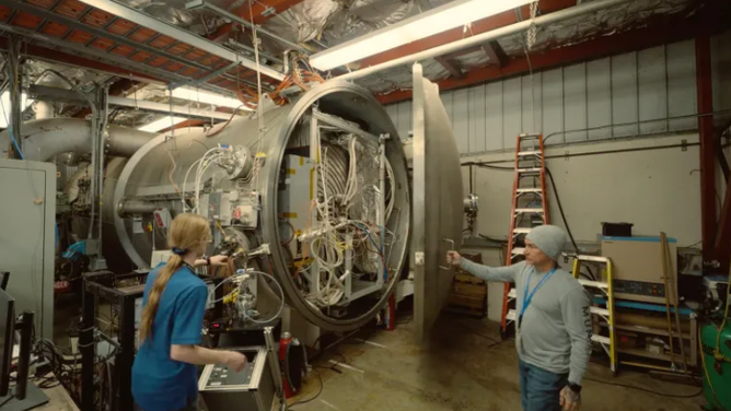 The prototype thruster at NASA's Jet Propulsion Laboratory.