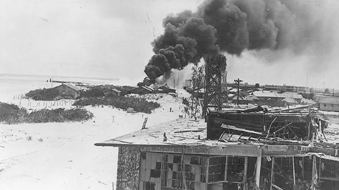 Midway island after the first wave of Japanese attacks.