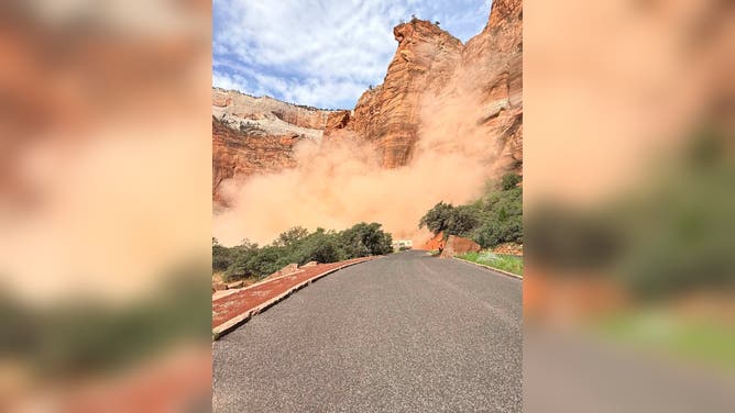 The rock collapse onto the road in Zion National Park, Utah.