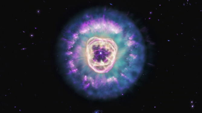NASA’s James Webb Space Telescope’s mid-infrared image of planetary nebula NGC 2392.