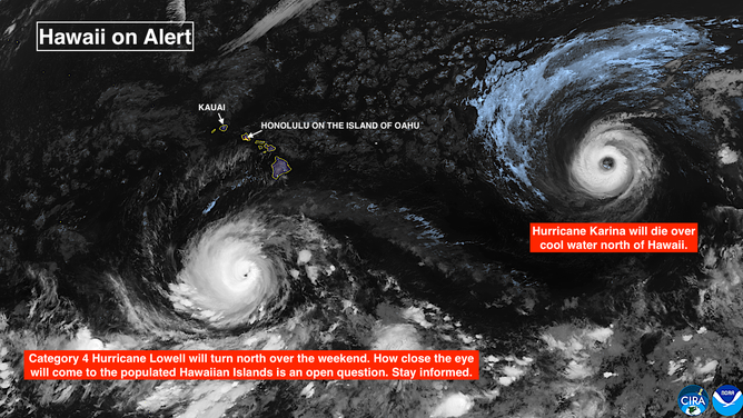 Satellite imagery depicts the latest location of Hurricane Lowell in the Pacific
